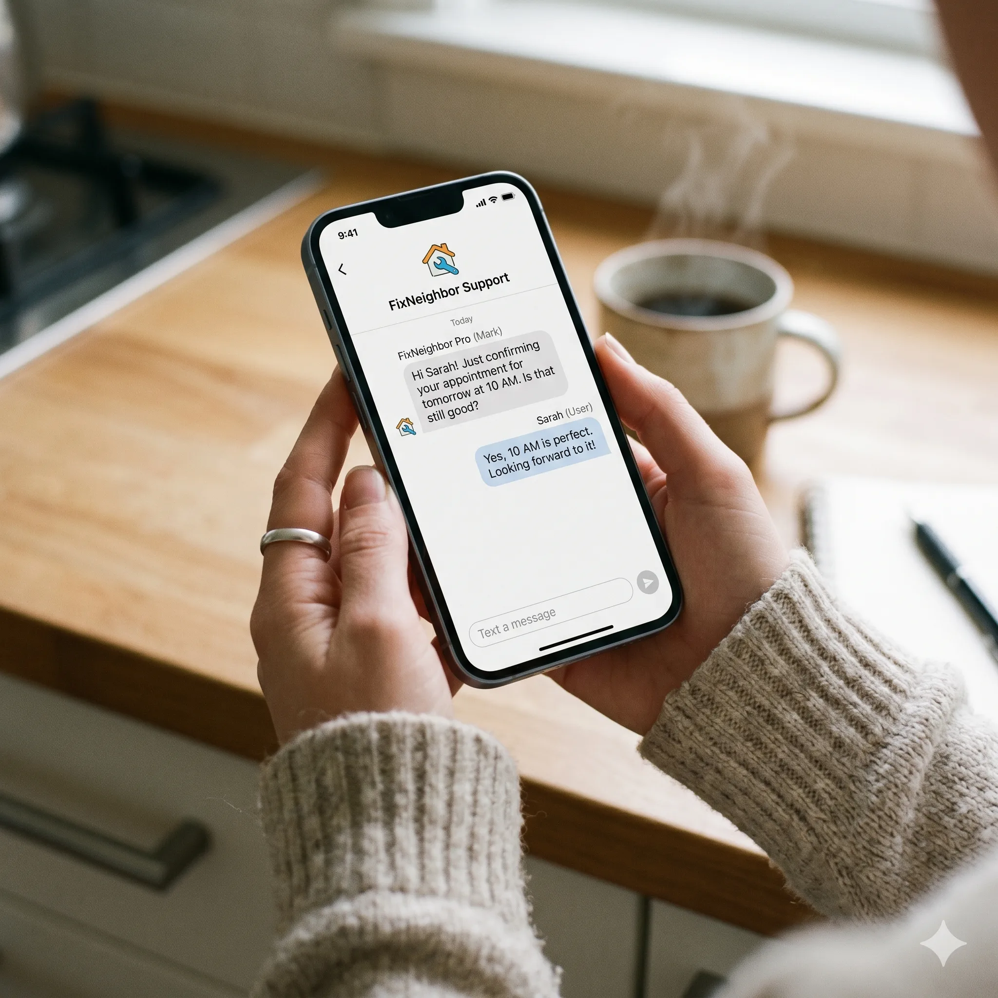 Homeowner using the FixNeighbor chat on a phone