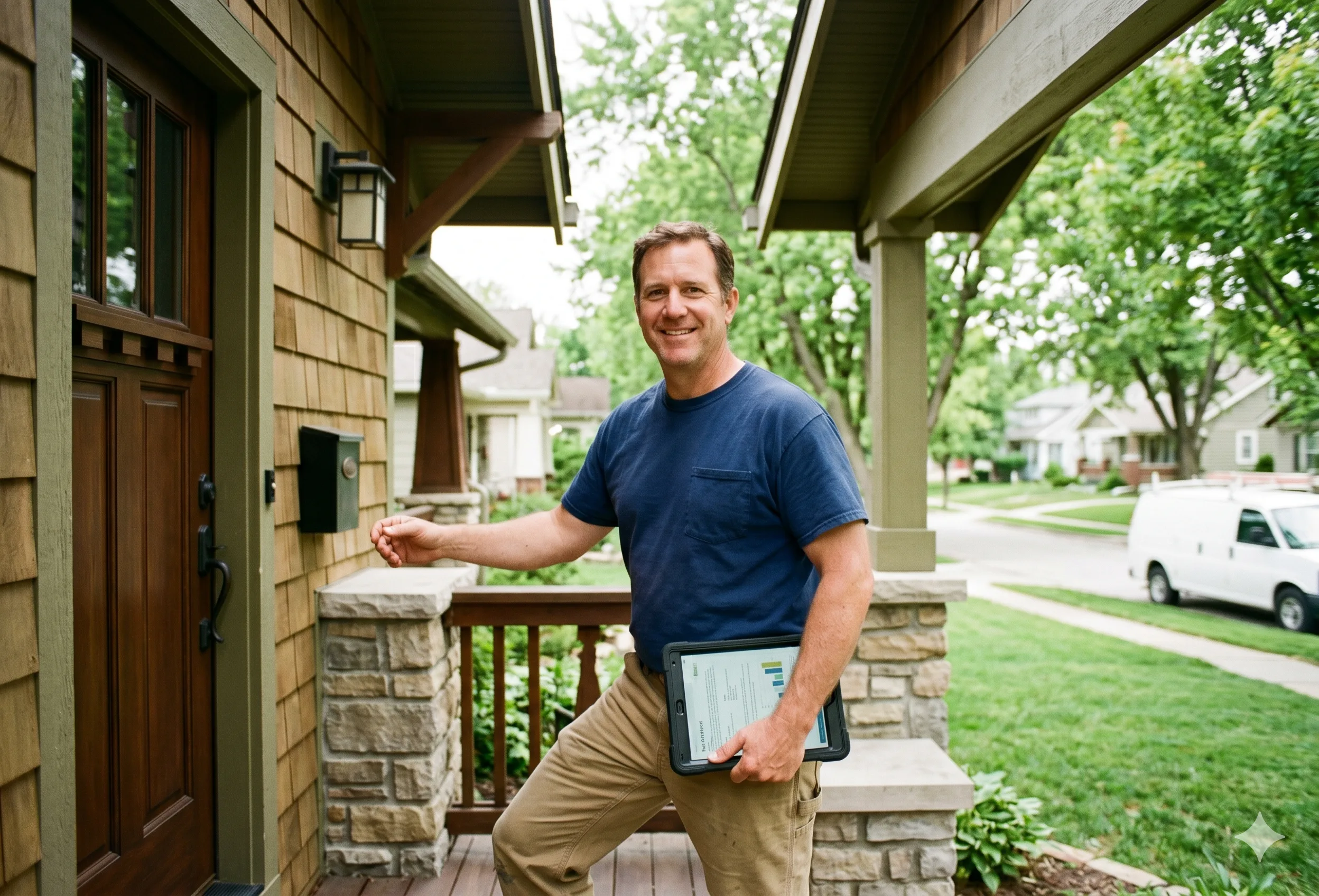 A pro arriving at a Kansas City home with a job brief on tablet