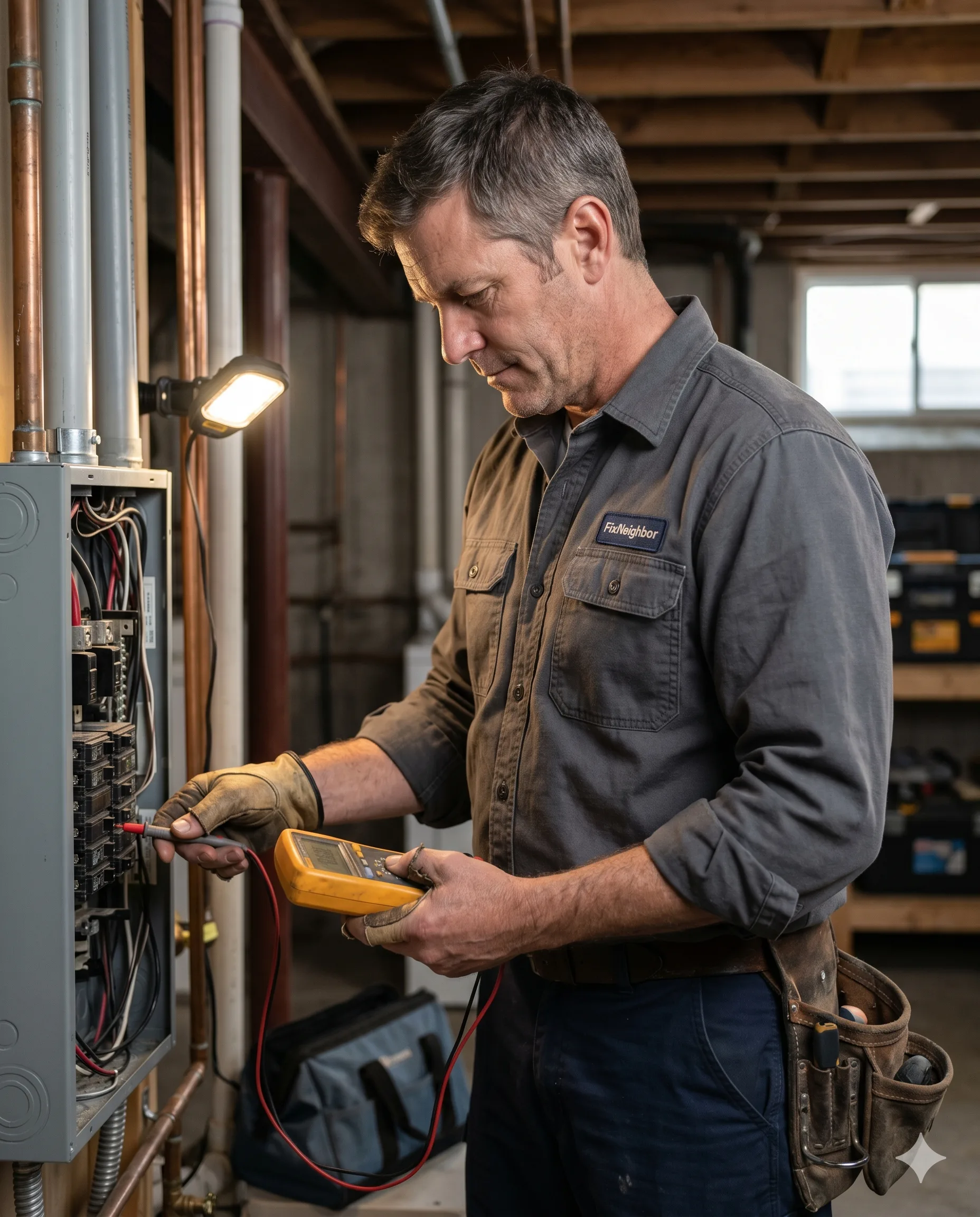 Licensed electrician at an electrical panel