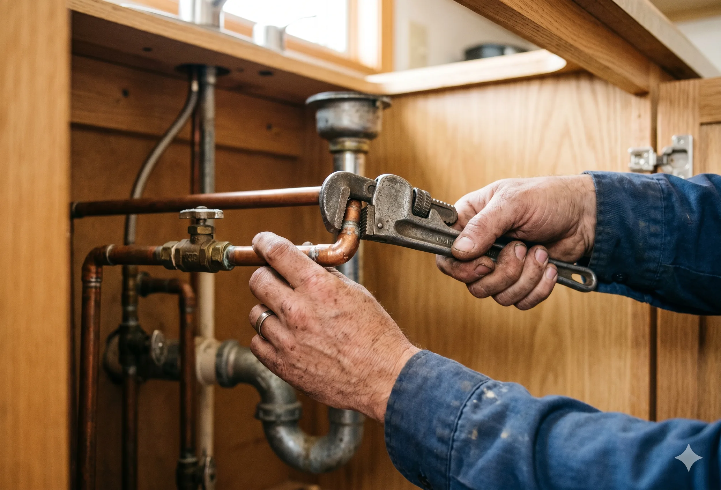 Tradesperson working on a plumbing job under the sink